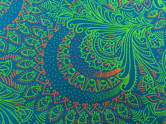 South African Shweshwe Fabric by the YARD. DaGama Three Cats Turquoise/Green/Orange Paisley. Cotton Fabric for Quilting, Apparel, Home Decor