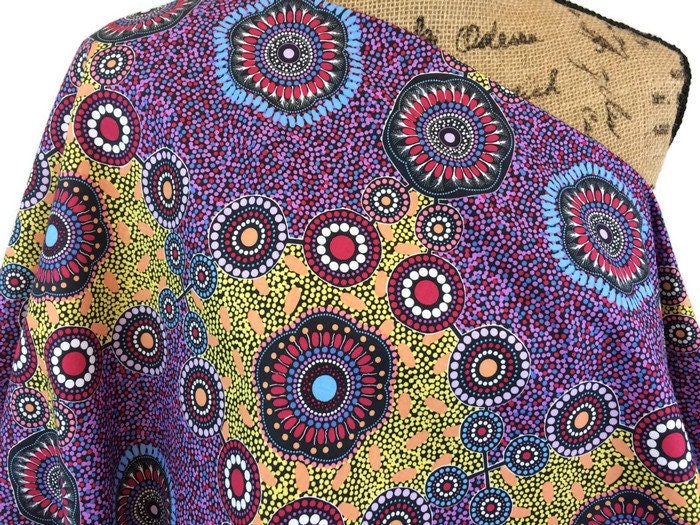 Australian Aboriginal Fabric by the  YARD. Cotton Quilt Fabric with Aboriginal Art Designs. "Meeting Places Black" by M & S Textiles.