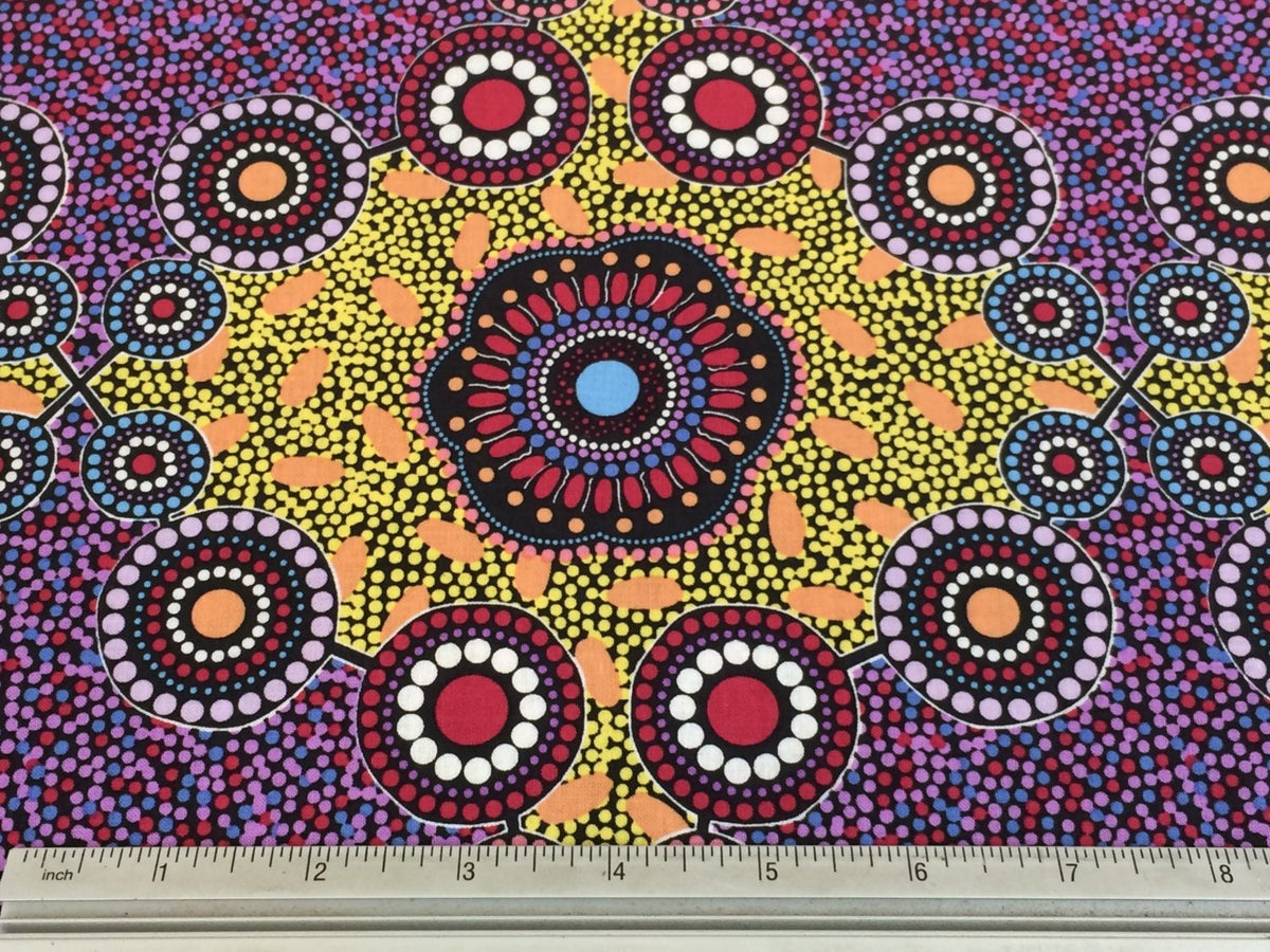 Australian Aboriginal Fabric by the  YARD. Cotton Quilt Fabric with Aboriginal Art Designs. "Meeting Places Black" by M & S Textiles.