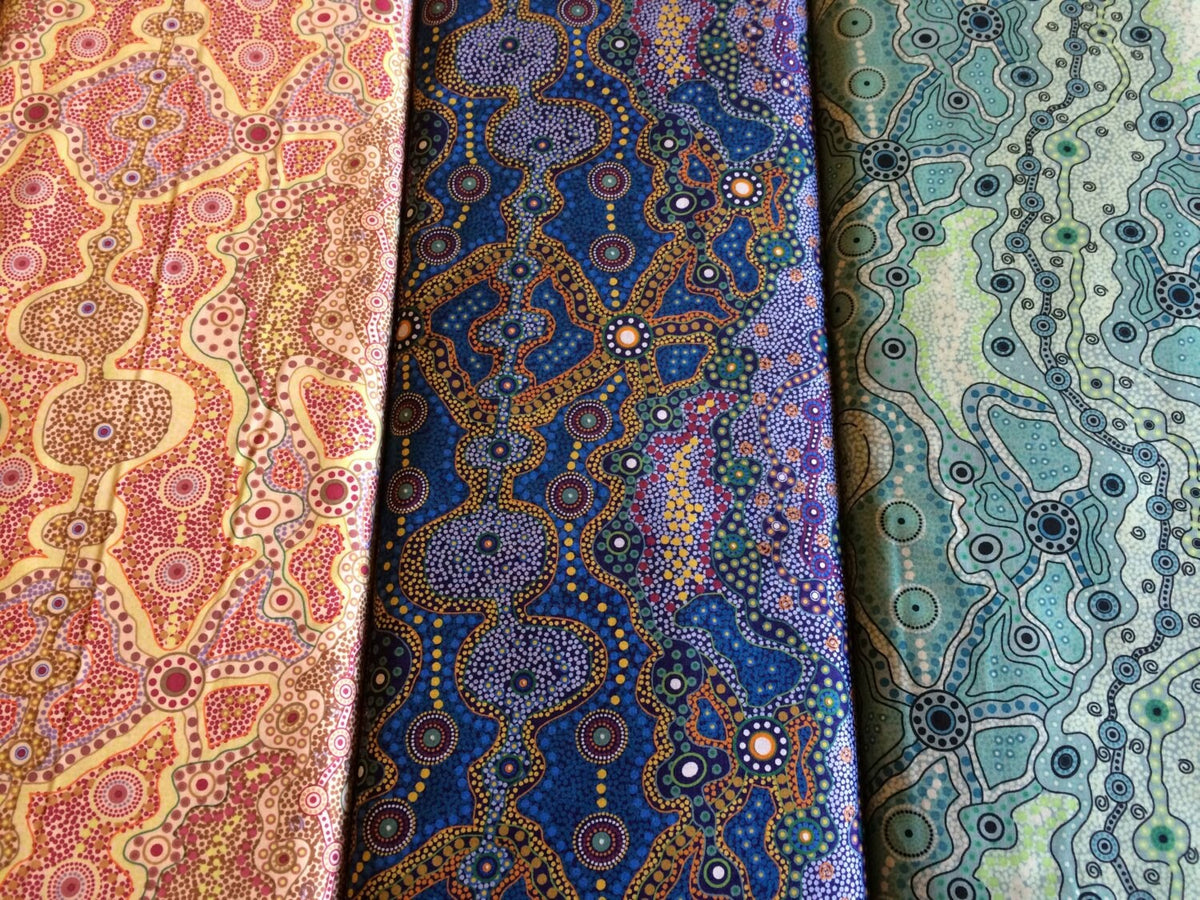 Australian Aboriginal Cotton Quilting Fabric by the  YARD.  M&S Textiles Yalke Blue featuring Original Australian Aboriginal Art Design