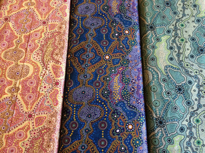 Australian Aboriginal Cotton Quilting Fabric by the  YARD.  M&S Textiles Yalke Blue featuring Original Australian Aboriginal Art Design