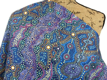 Australian Aboriginal Cotton Quilting Fabric by the  YARD.  M&S Textiles Yalke Blue featuring Original Australian Aboriginal Art Design