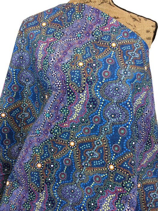 Australian Aboriginal Cotton Quilting Fabric by the  YARD.  M&S Textiles Yalke Blue featuring Original Australian Aboriginal Art Design