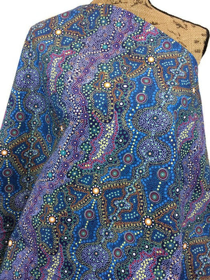 Australian Aboriginal Cotton Quilting Fabric by the  YARD.  M&S Textiles Yalke Blue featuring Original Australian Aboriginal Art Design