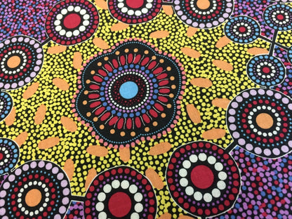 Australian Aboriginal Fabric by the  YARD. Cotton Quilt Fabric with Aboriginal Art Designs. "Meeting Places Black" by M & S Textiles.