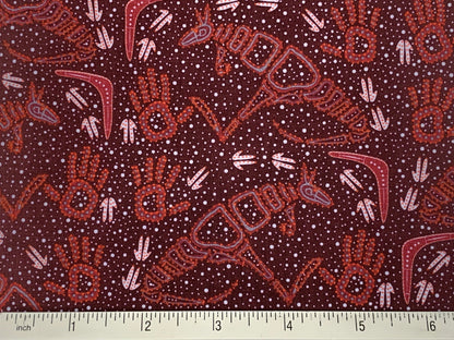 Australian Aboriginal Cotton Quilting Fabric by the YARD.  M&S Textiles Rock Art Dreaming Burgundy. Original Aboriginal Kangaroo Art Design.