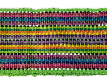 Guatemalan Mayan Handwoven Fabric for Sash, Belt, Strap, or Decorative Trim. Lime Green Cotton with Rainbow Stripes. 3 inches x 56 inches