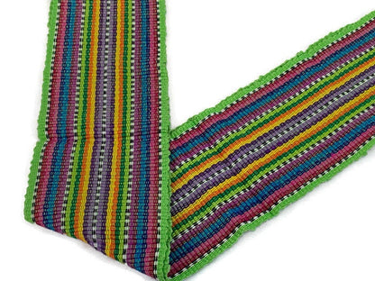 Guatemalan Mayan Handwoven Fabric for Sash, Belt, Strap, or Decorative Trim. Lime Green Cotton with Rainbow Stripes. 3 inches x 56 inches