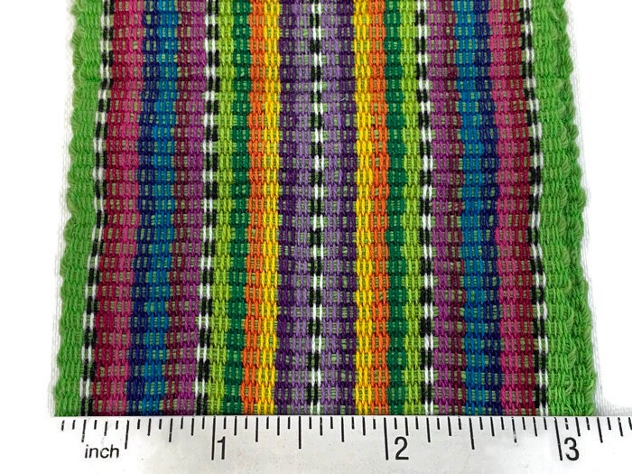 Guatemalan Mayan Handwoven Fabric for Sash, Belt, Strap, or Decorative Trim. Lime Green Cotton with Rainbow Stripes. 3 inches x 56 inches
