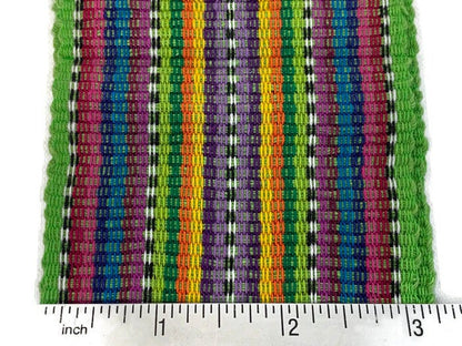 Guatemalan Mayan Handwoven Fabric for Sash, Belt, Strap, or Decorative Trim. Lime Green Cotton with Rainbow Stripes. 3 inches x 56 inches