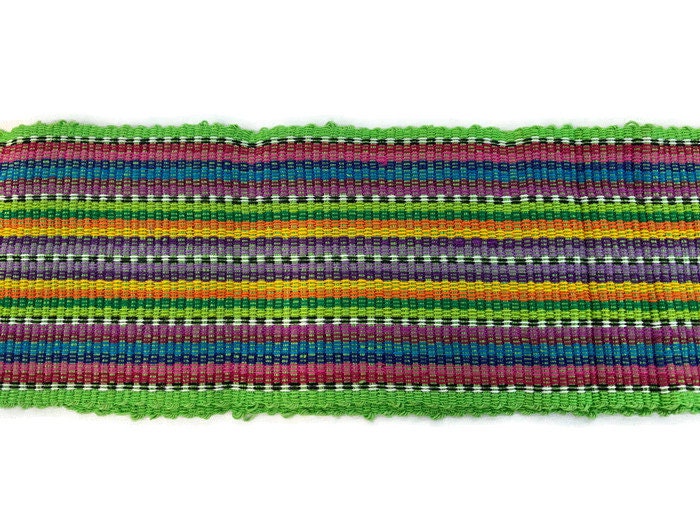 Guatemalan Mayan Handwoven Fabric for Sash, Belt, Strap, or Decorative Trim. Lime Green Cotton with Rainbow Stripes. 3 inches x 56 inches