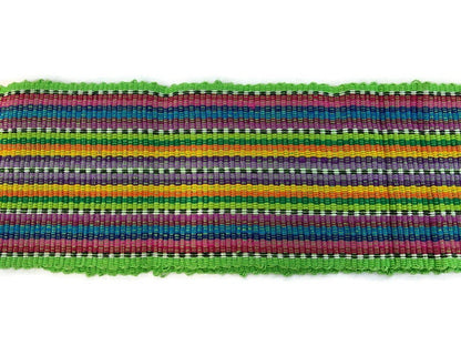 Guatemalan Mayan Handwoven Fabric for Sash, Belt, Strap, or Decorative Trim. Lime Green Cotton with Rainbow Stripes. 3 inches x 56 inches