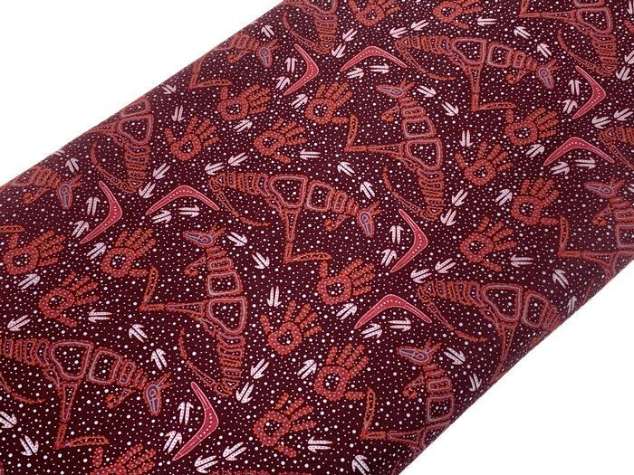 Australian Aboriginal Cotton Quilting Fabric by the YARD.  M&S Textiles Rock Art Dreaming Burgundy. Original Aboriginal Kangaroo Art Design.