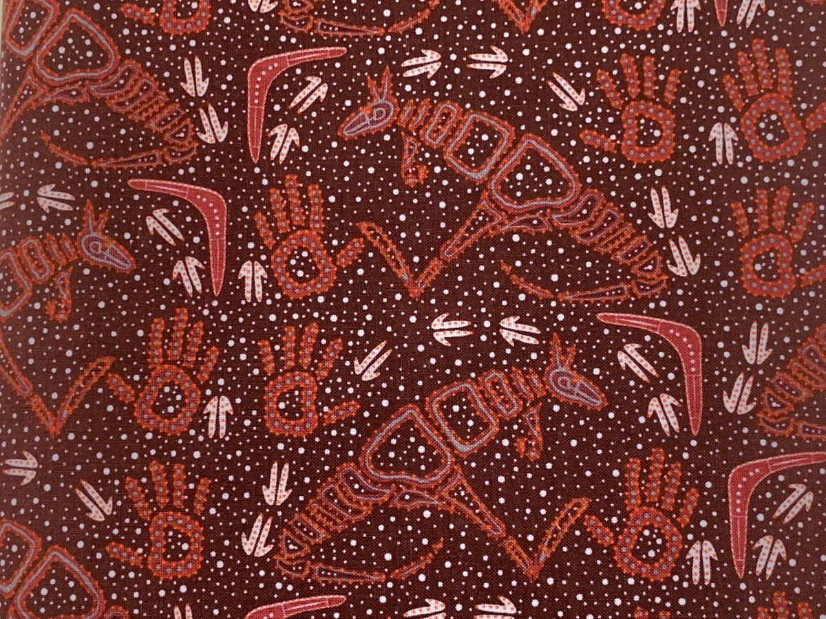 Australian Aboriginal Cotton Quilting Fabric by the YARD.  M&S Textiles Rock Art Dreaming Burgundy. Original Aboriginal Kangaroo Art Design.