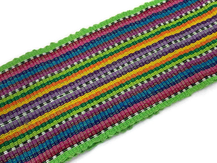 Guatemalan Mayan Handwoven Fabric for Sash, Belt, Strap, or Decorative Trim. Lime Green Cotton with Rainbow Stripes. 3 inches x 56 inches
