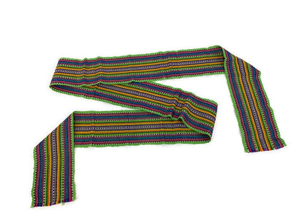 Guatemalan Mayan Handwoven Fabric for Sash, Belt, Strap, or Decorative Trim. Lime Green Cotton with Rainbow Stripes. 3 inches x 56 inches