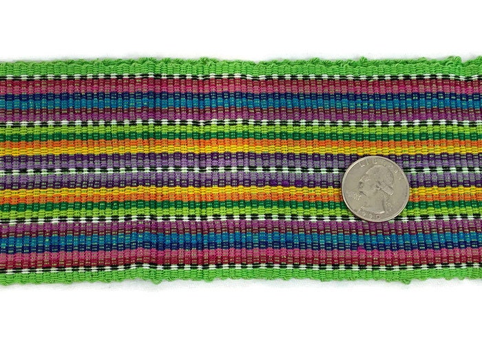 Guatemalan Mayan Handwoven Fabric for Sash, Belt, Strap, or Decorative Trim. Lime Green Cotton with Rainbow Stripes. 3 inches x 56 inches