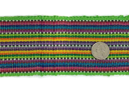 Guatemalan Mayan Handwoven Fabric for Sash, Belt, Strap, or Decorative Trim. Lime Green Cotton with Rainbow Stripes. 3 inches x 56 inches