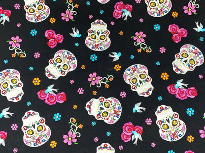 Day of the Dead Sugar Skull Fabric with Silver Metallic Glitter. Halloween Fabric Sold by the YARD. 100% Cotton for apparel & home decor.