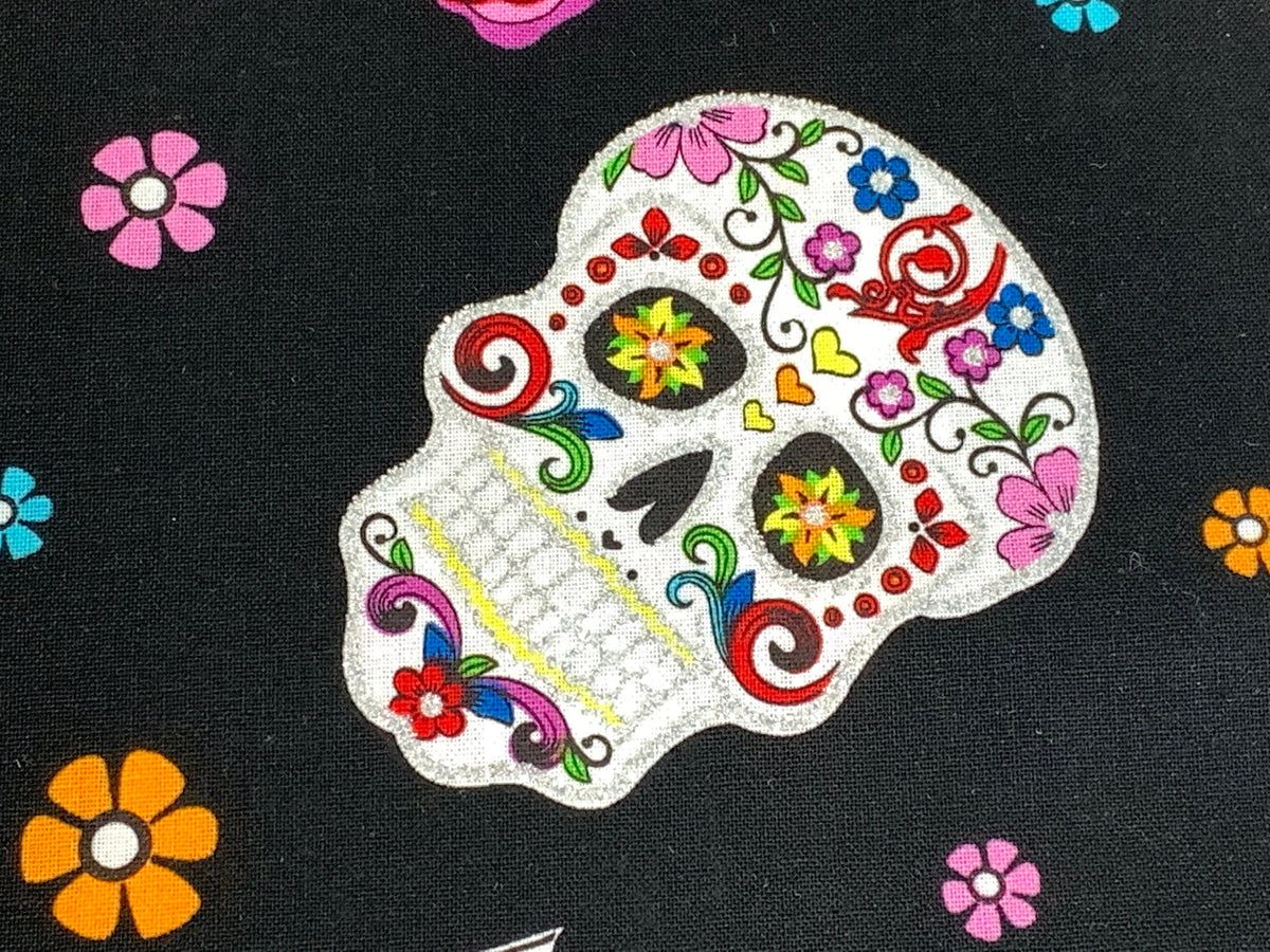 Day of the Dead Sugar Skull Fabric with Silver Metallic Glitter. Halloween Fabric Sold by the YARD. 100% Cotton for apparel & home decor.