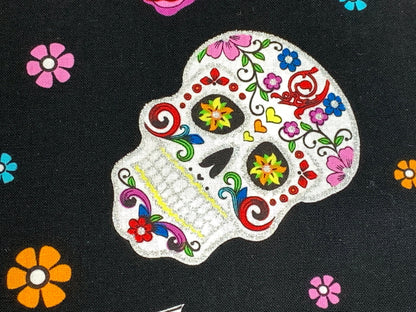 Day of the Dead Sugar Skull Fabric with Silver Metallic Glitter. Halloween Fabric Sold by the YARD. 100% Cotton for apparel & home decor.