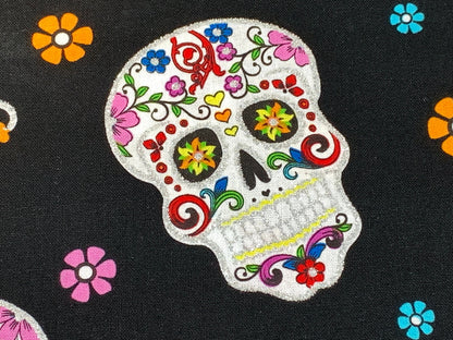 Day of the Dead Sugar Skull Fabric with Silver Metallic Glitter. Halloween Fabric Sold by the YARD. 100% Cotton for apparel & home decor.