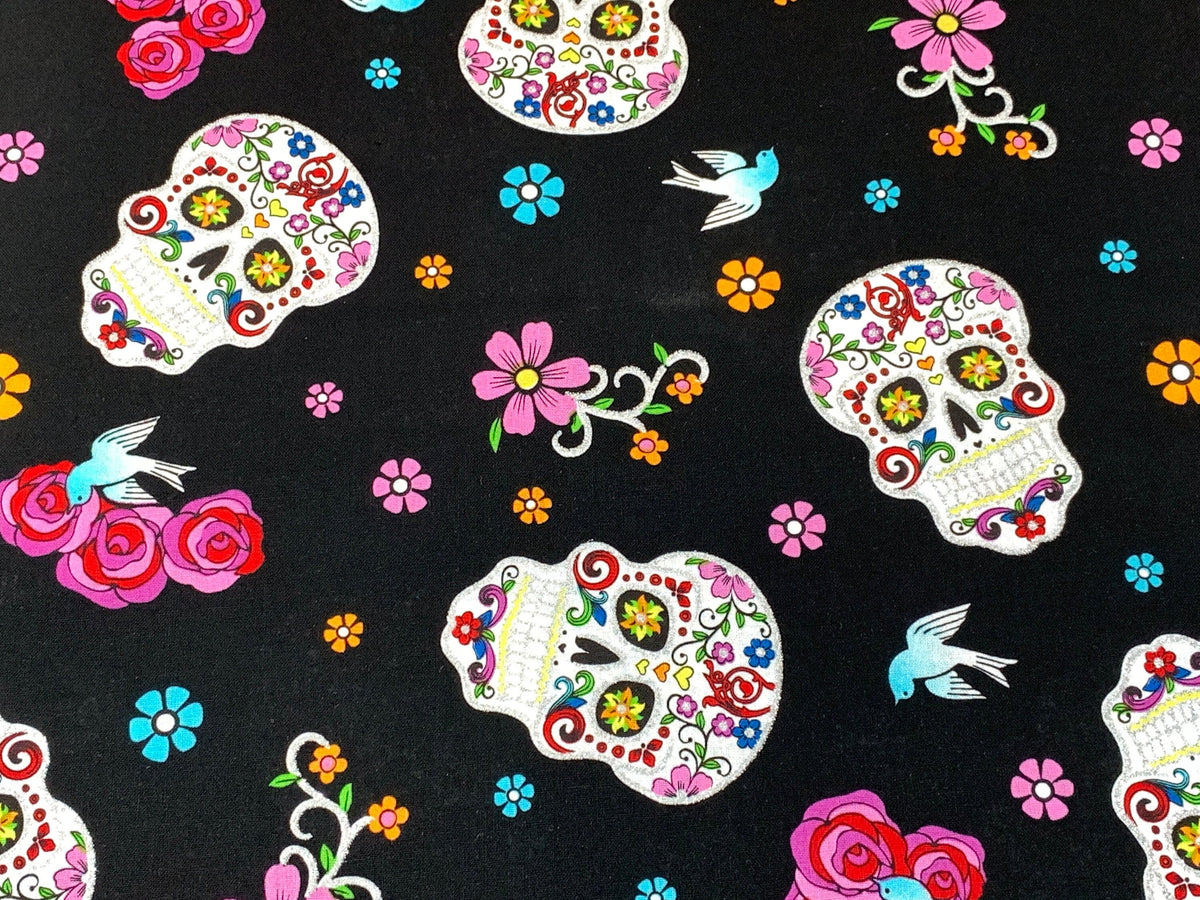 Day of the Dead Sugar Skull Fabric with Silver Metallic Glitter. Halloween Fabric Sold by the YARD. 100% Cotton for apparel & home decor.