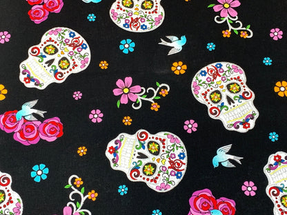 Day of the Dead Sugar Skull Fabric with Silver Metallic Glitter. Halloween Fabric Sold by the YARD. 100% Cotton for apparel & home decor.