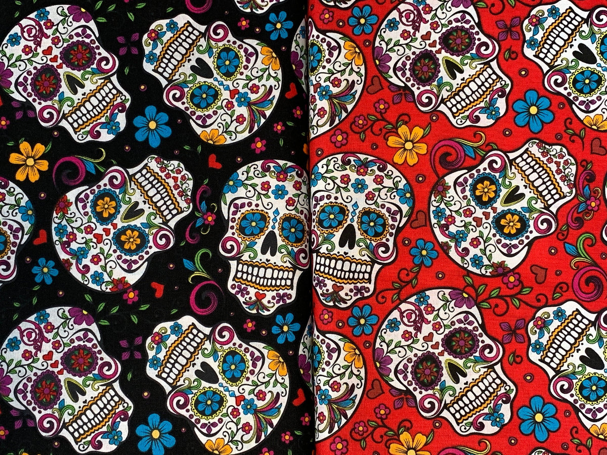 Day of the Dead Sugar Skull Fabric with Silver Metallic Glitter. Halloween Fabric Sold by the YARD. 100% Cotton for apparel & home decor.