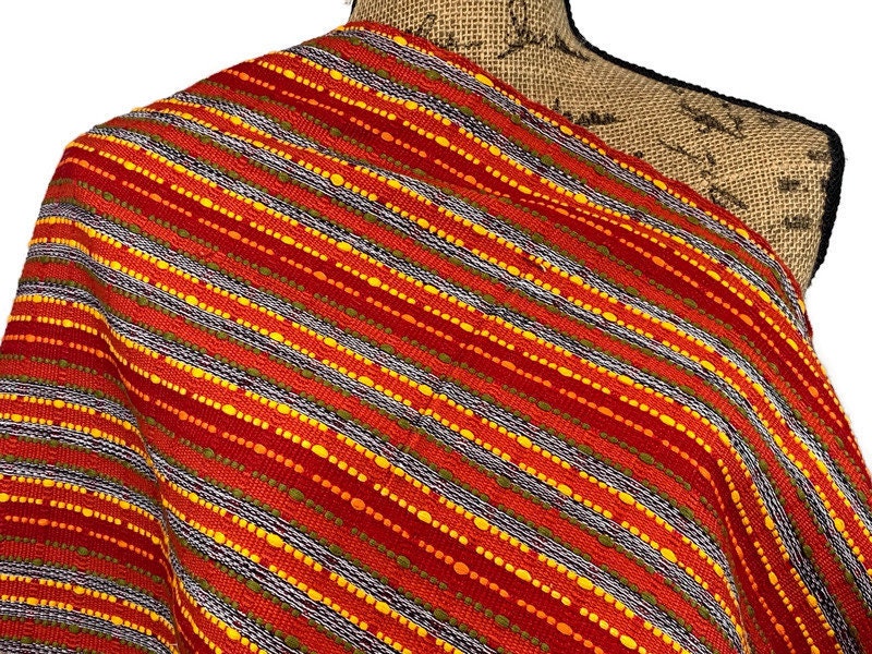 Guatemalan Handwoven Red Textured Boucle Striped Ikat