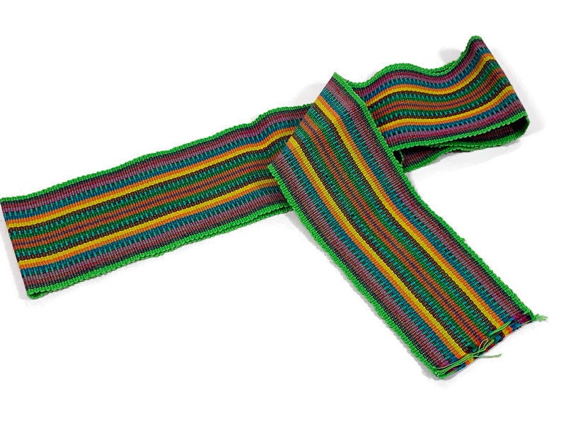 Guatemalan Mayan Handwoven Fabric for Sash, Belt, Strap, or Decorative Trim. Cotton Green & Yellow Assorted Stripes. 3 inches x 56 inches