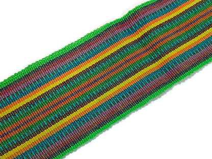 Guatemalan Mayan Handwoven Fabric for Sash, Belt, Strap, or Decorative Trim. Cotton Green & Yellow Assorted Stripes. 3 inches x 56 inches