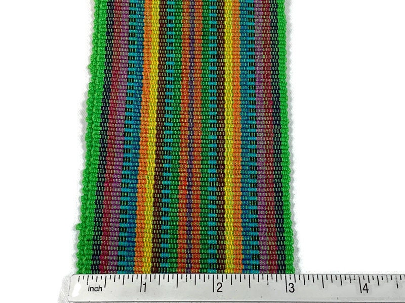 Guatemalan Mayan Handwoven Fabric for Sash, Belt, Strap, or Decorative Trim. Cotton Green & Yellow Assorted Stripes. 3 inches x 56 inches