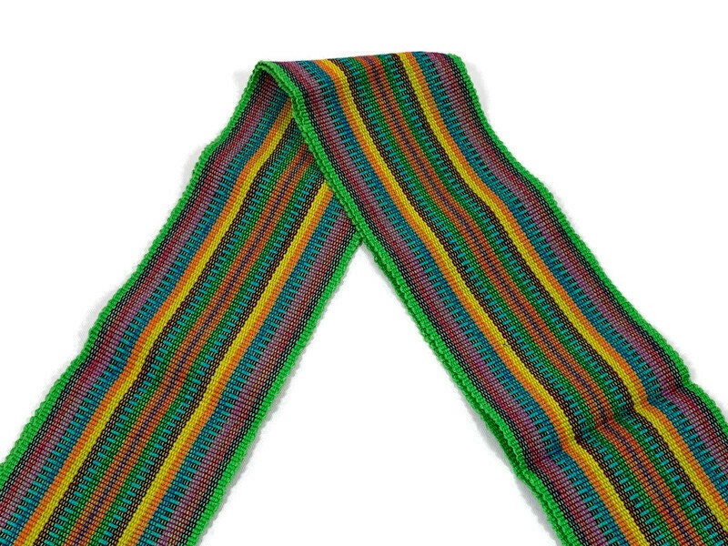 Guatemalan Mayan Handwoven Fabric for Sash, Belt, Strap, or Decorative Trim. Cotton Green & Yellow Assorted Stripes. 3 inches x 56 inches