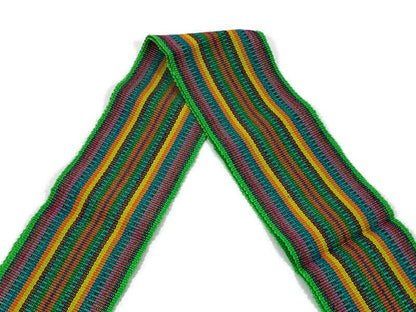 Guatemalan Mayan Handwoven Fabric for Sash, Belt, Strap, or Decorative Trim. Cotton Green & Yellow Assorted Stripes. 3 inches x 56 inches