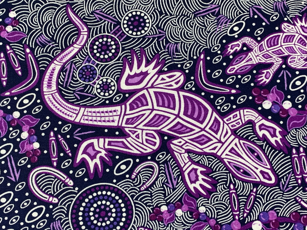 Australian Aboriginal Cotton Quilting Fabric by the YARD.  M&S Textiles "Man and Goanna Violet". For sewing, quilting, apparel, home decor.