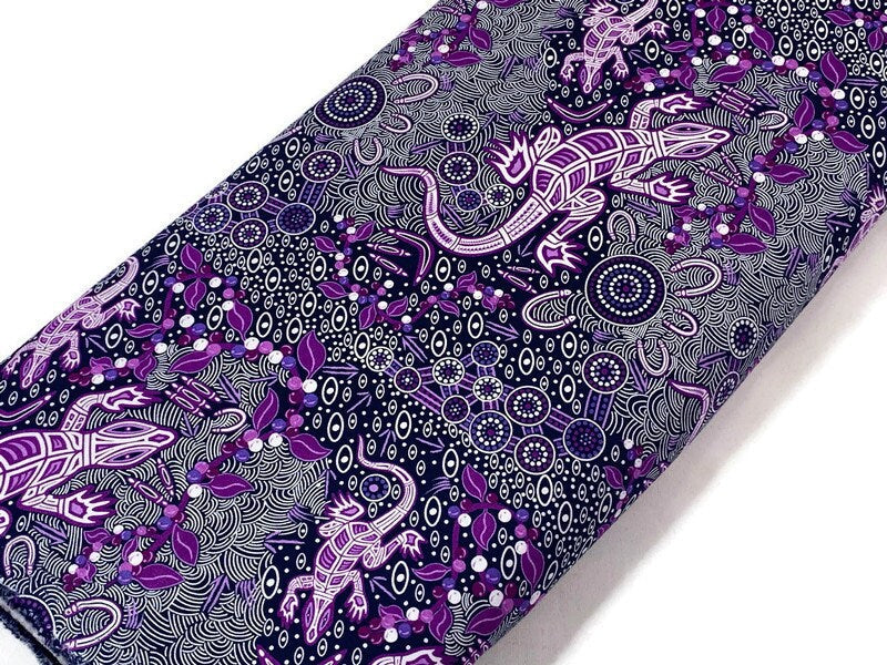 Australian Aboriginal Cotton Quilting Fabric by the YARD.  M&S Textiles "Man and Goanna Violet". For sewing, quilting, apparel, home decor.