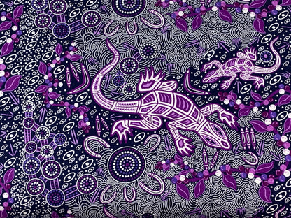 Australian Aboriginal Cotton Quilting Fabric by the YARD.  M&S Textiles "Man and Goanna Violet". For sewing, quilting, apparel, home decor.