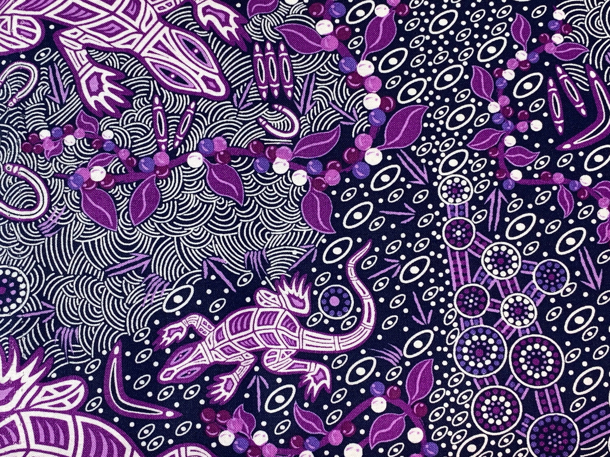 Australian Aboriginal Cotton Quilting Fabric by the YARD.  M&S Textiles "Man and Goanna Violet". For sewing, quilting, apparel, home decor.