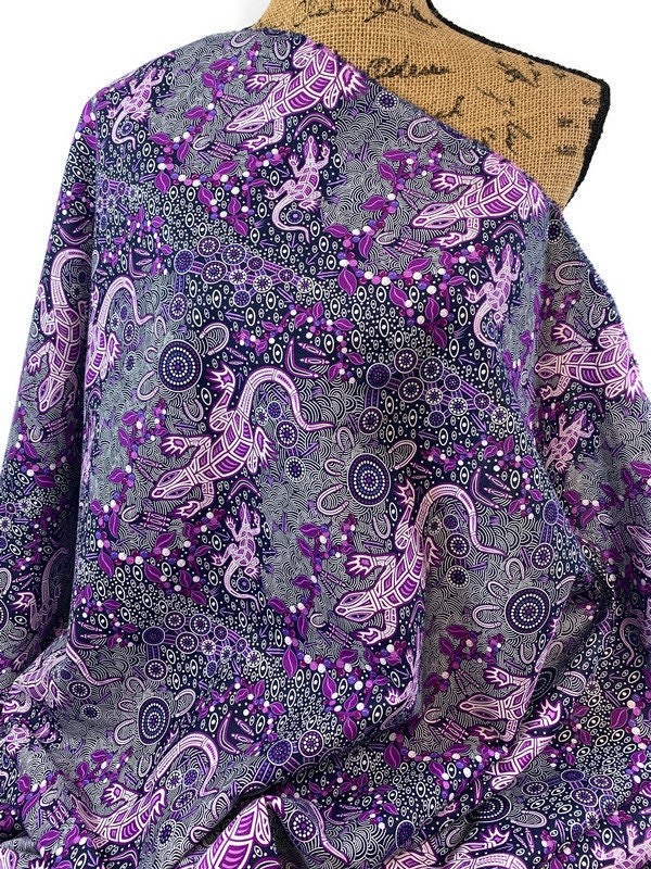 Australian Aboriginal Cotton Quilting Fabric by the YARD.  M&S Textiles "Man and Goanna Violet". For sewing, quilting, apparel, home decor.