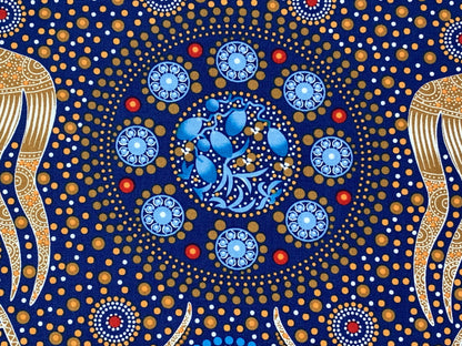 Australian Aboriginal Cotton Quilting Fabric by the YARD. M&S Textile Women Collecting Bush Food Gold. For sewing, quilting, apparel, decor.