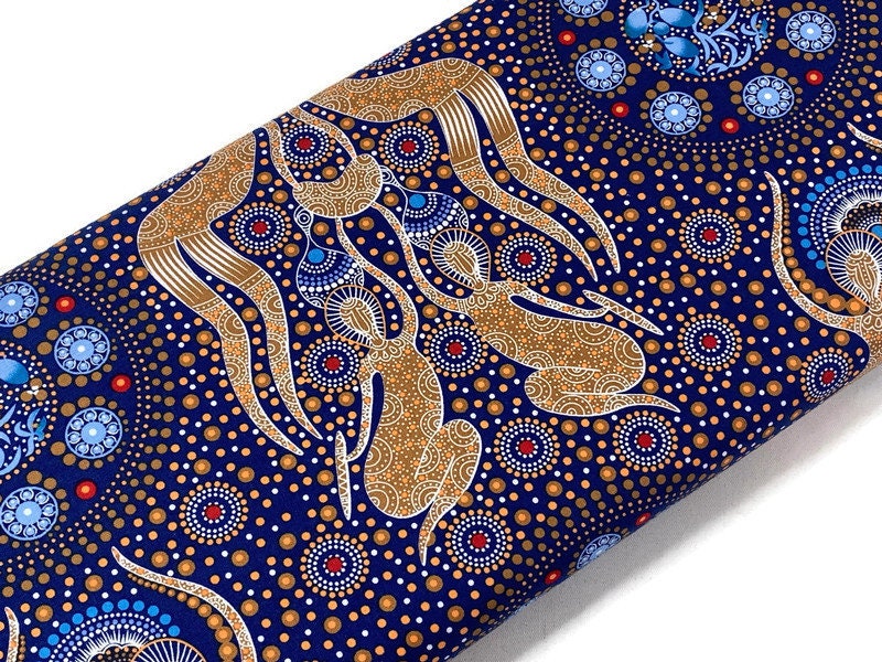 Australian Aboriginal Cotton Quilting Fabric by the YARD. M&S Textile Women Collecting Bush Food Gold. For sewing, quilting, apparel, decor.