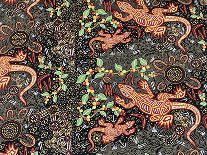 Australian Aboriginal Cotton Quilting Fabric by the YARD.  M&S Textiles "Man and Goanna Black". For sewing, quilting, apparel, home decor.