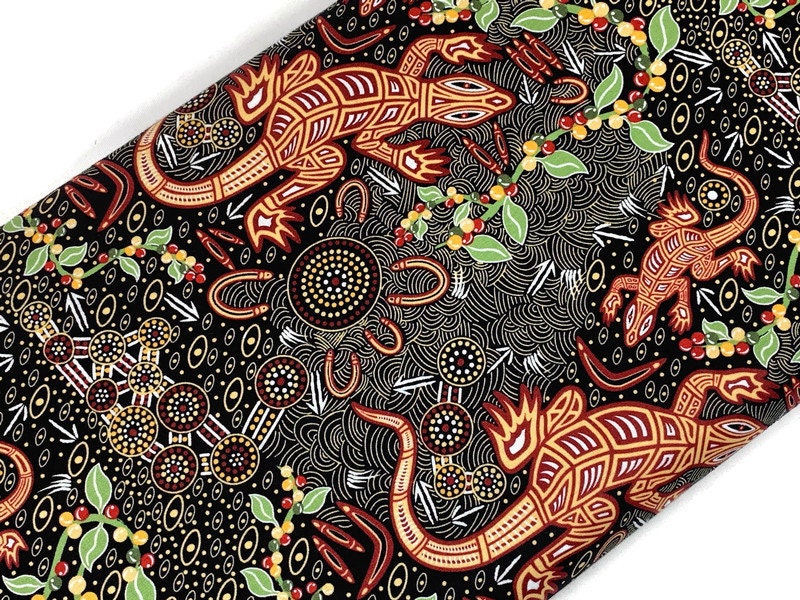 Australian Aboriginal Cotton Quilting Fabric by the YARD.  M&S Textiles "Man and Goanna Black". For sewing, quilting, apparel, home decor.