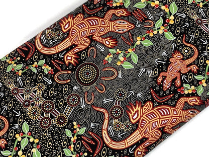 Australian Aboriginal Cotton Quilting Fabric by the YARD.  M&S Textiles "Man and Goanna Black". For sewing, quilting, apparel, home decor.