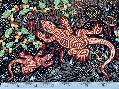Australian Aboriginal Cotton Quilting Fabric by the YARD.  M&S Textiles "Man and Goanna Black". For sewing, quilting, apparel, home decor.
