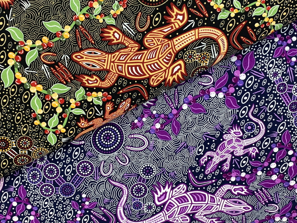 Australian Aboriginal Cotton Quilting Fabric by the YARD.  M&S Textiles "Man and Goanna Black". For sewing, quilting, apparel, home decor.