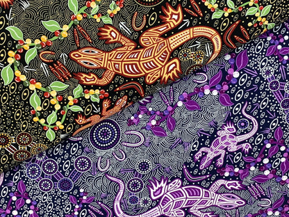 Australian Aboriginal Cotton Quilting Fabric by the YARD.  M&S Textiles "Man and Goanna Black". For sewing, quilting, apparel, home decor.