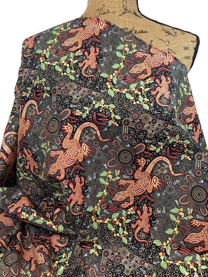Australian Aboriginal Cotton Quilting Fabric by the YARD.  M&S Textiles "Man and Goanna Black". For sewing, quilting, apparel, home decor.