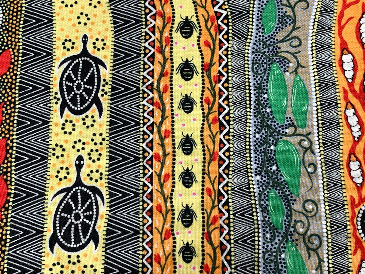 Australian Aboriginal Cotton Quilting Fabric by the YARD.  M&S Textiles "Dreaming in One Black/Yellow". For sewing, quilting, home decor.